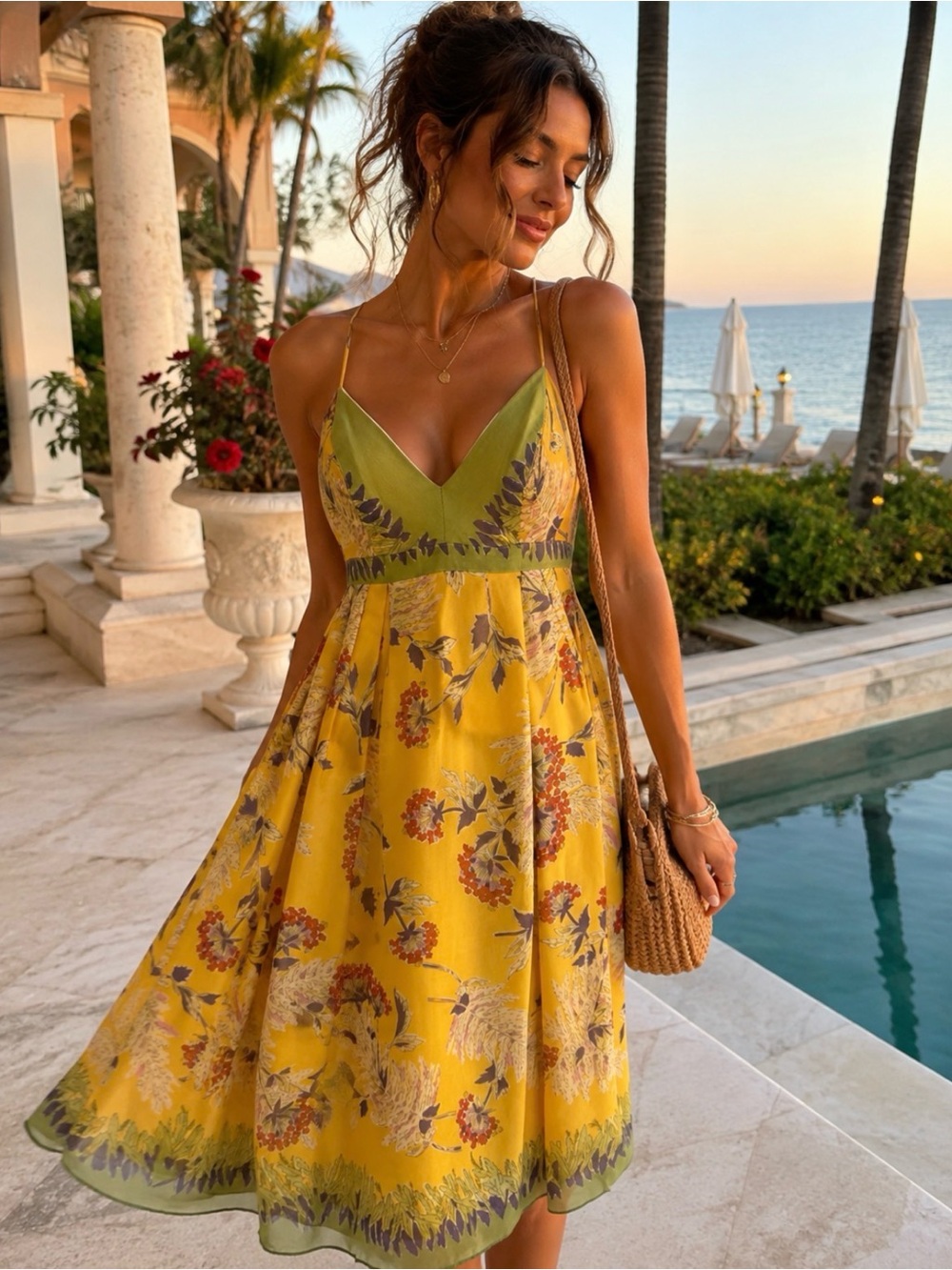 Anna Sui Vintage Boho Sexy Silk Yellow Floral V-Neck Mini Dress with Green Trim